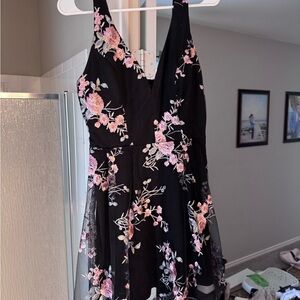 Black Floral Embroidered V-Neck Dress